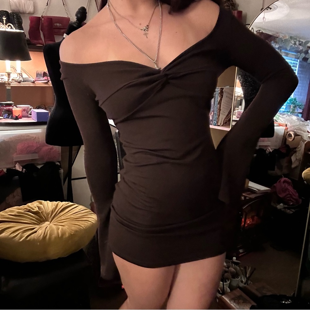 brown bell sleeve mini dress